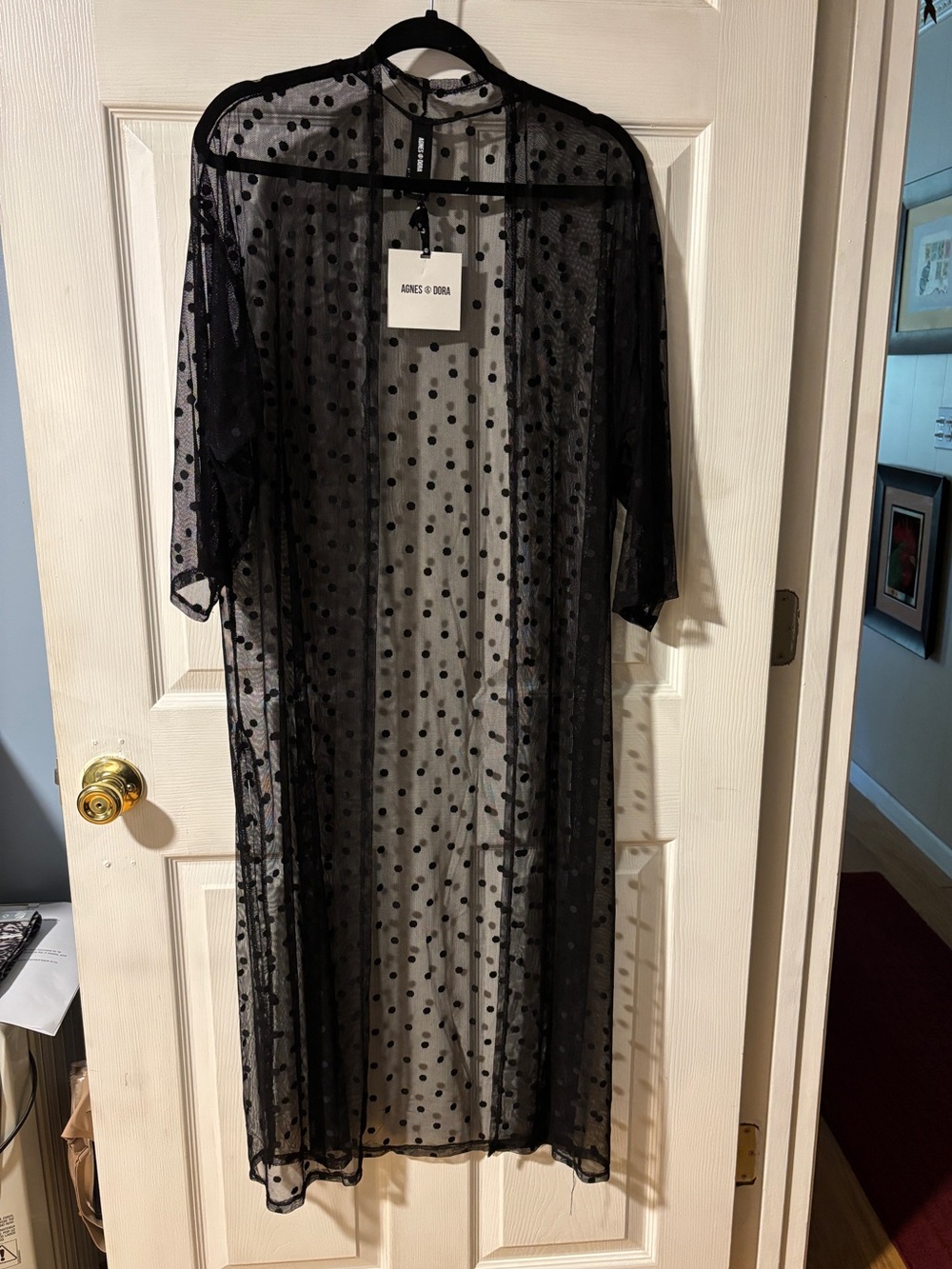 Agnes & Dora Black Sheer Polka Dot Maxi Mesh Duster S 4-6